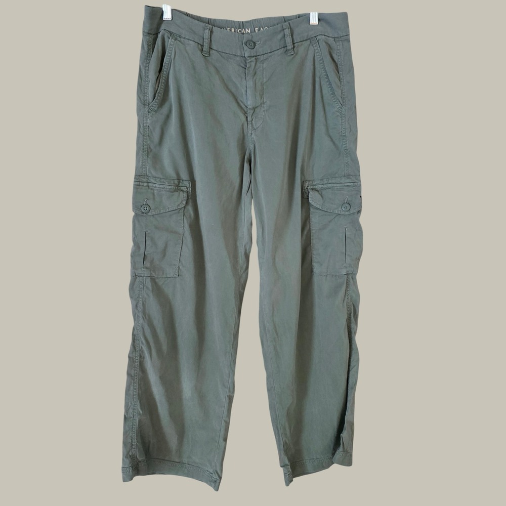 American Eagle Womens Cargo Mid Rise Baggy Pants Women 8 Green Stretch Y2k - Picture 1 of 10